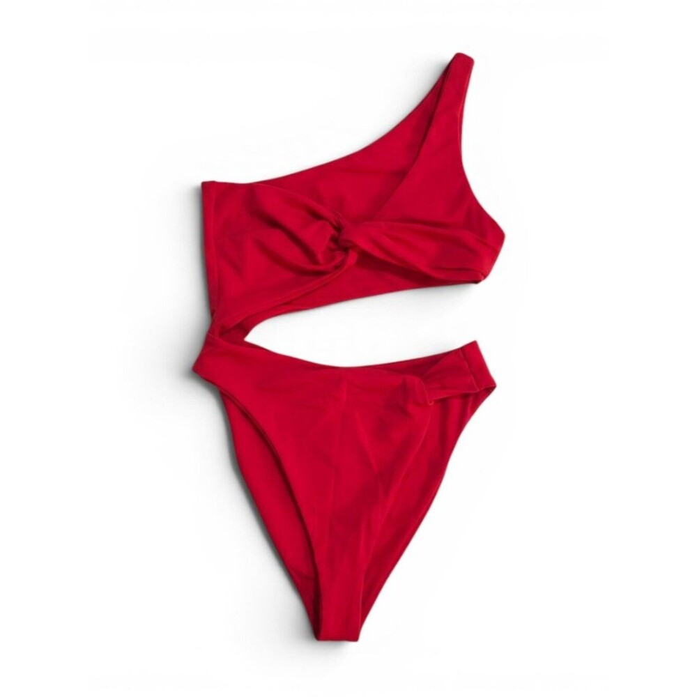 One-Shoulder Twist Cutout One-Piece Swimsuit - Red